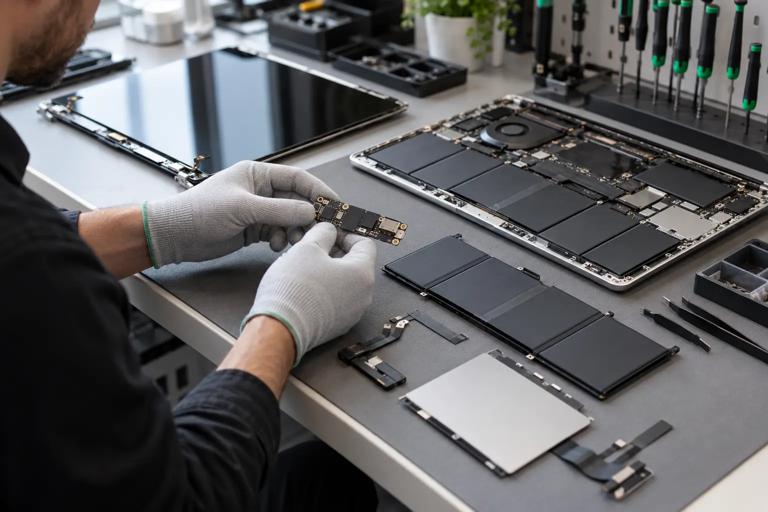 Technician inspecting MacBook replacement components before an independent repair