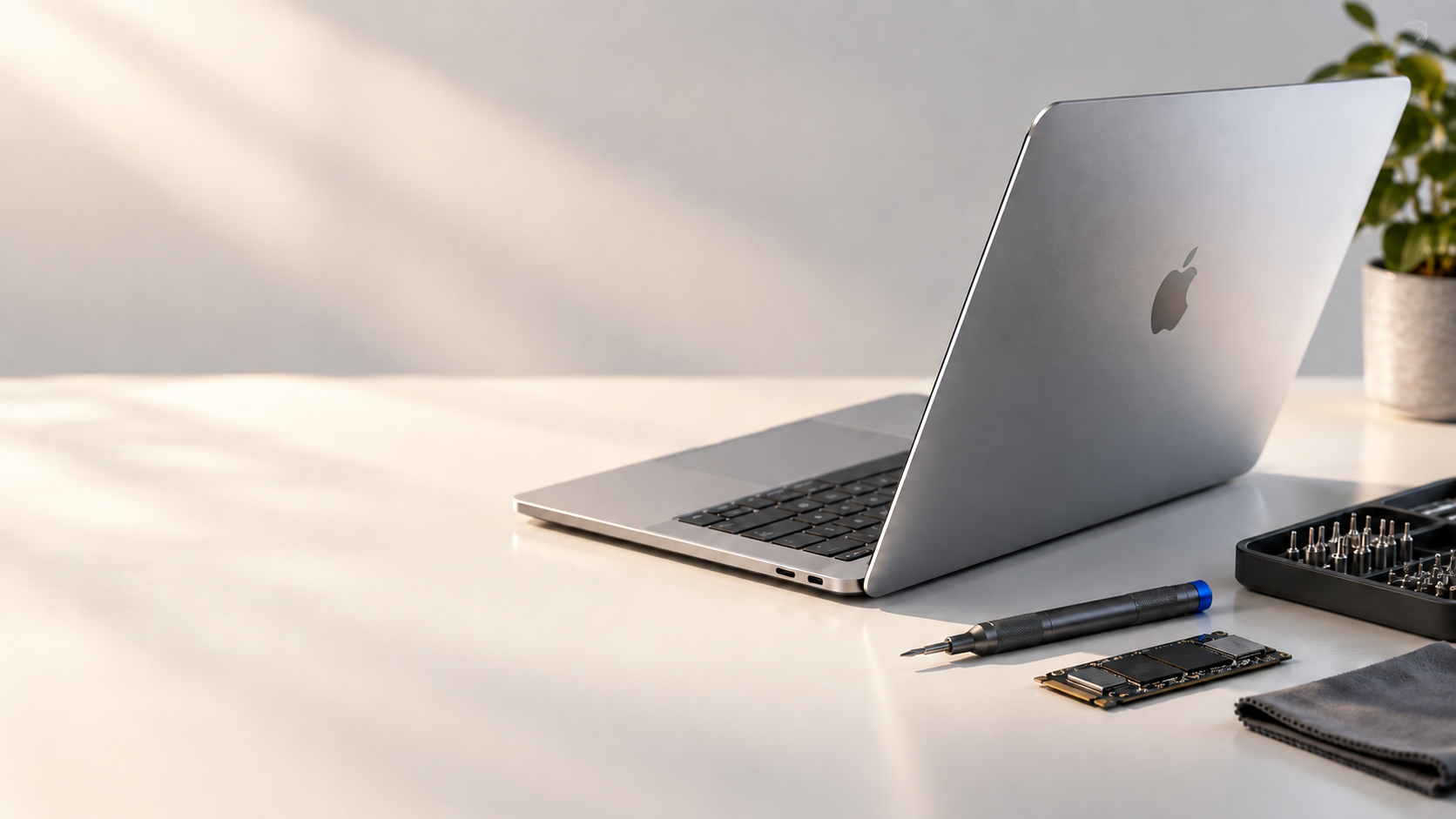 Apple MacBook and precision repair tools on a clean work surface