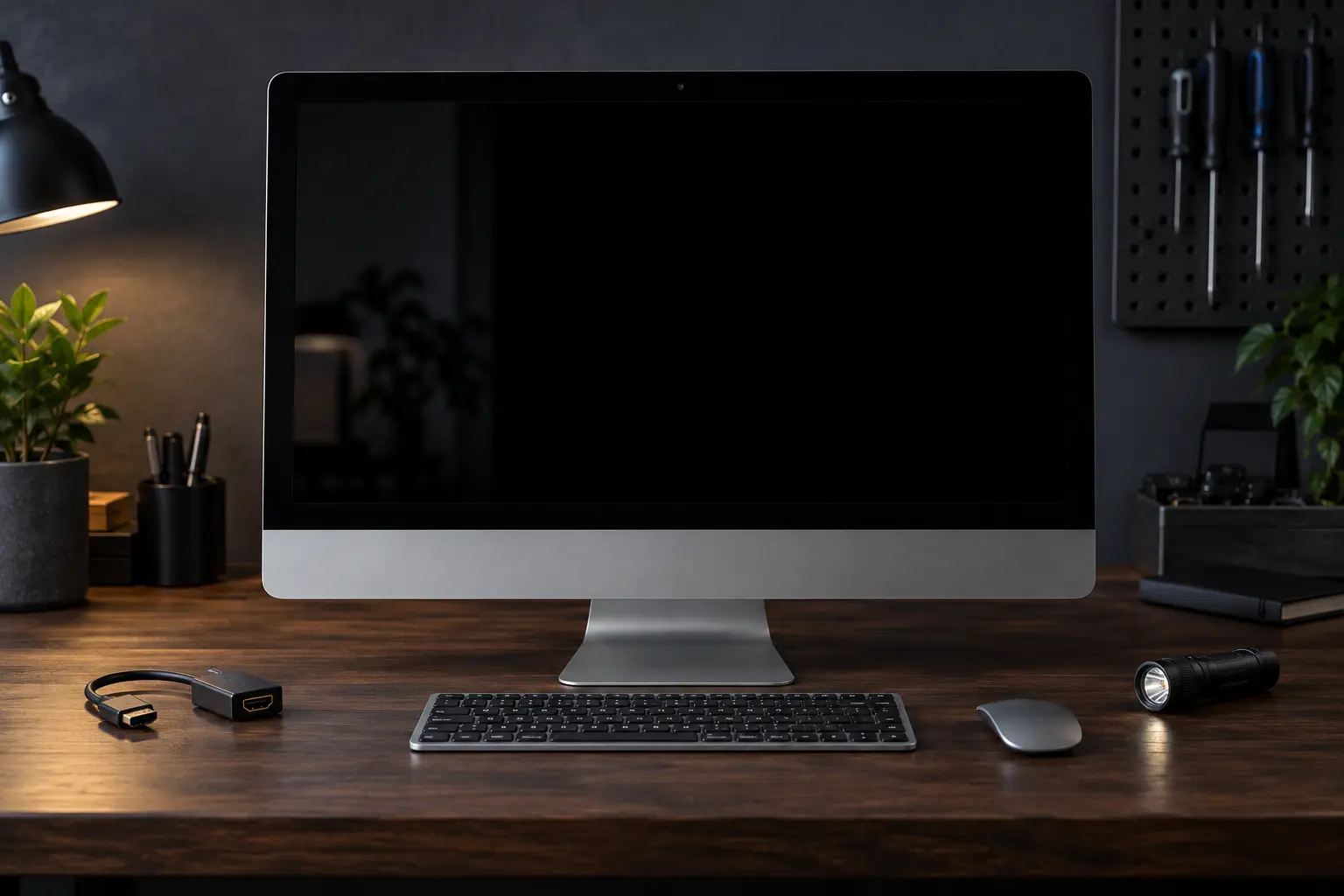 Diagnostic scene illustrating iMac black screen guidance