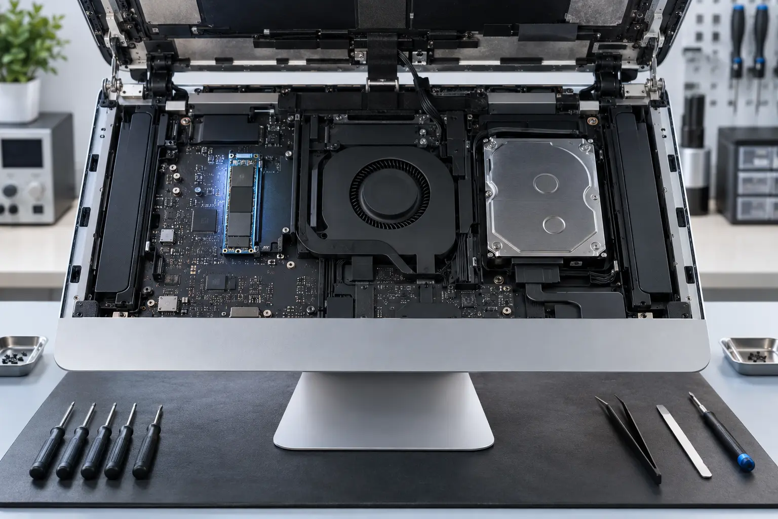 Premium repair workbench scene specifically illustrating iMac Fusion Drive Failure service in Tampa