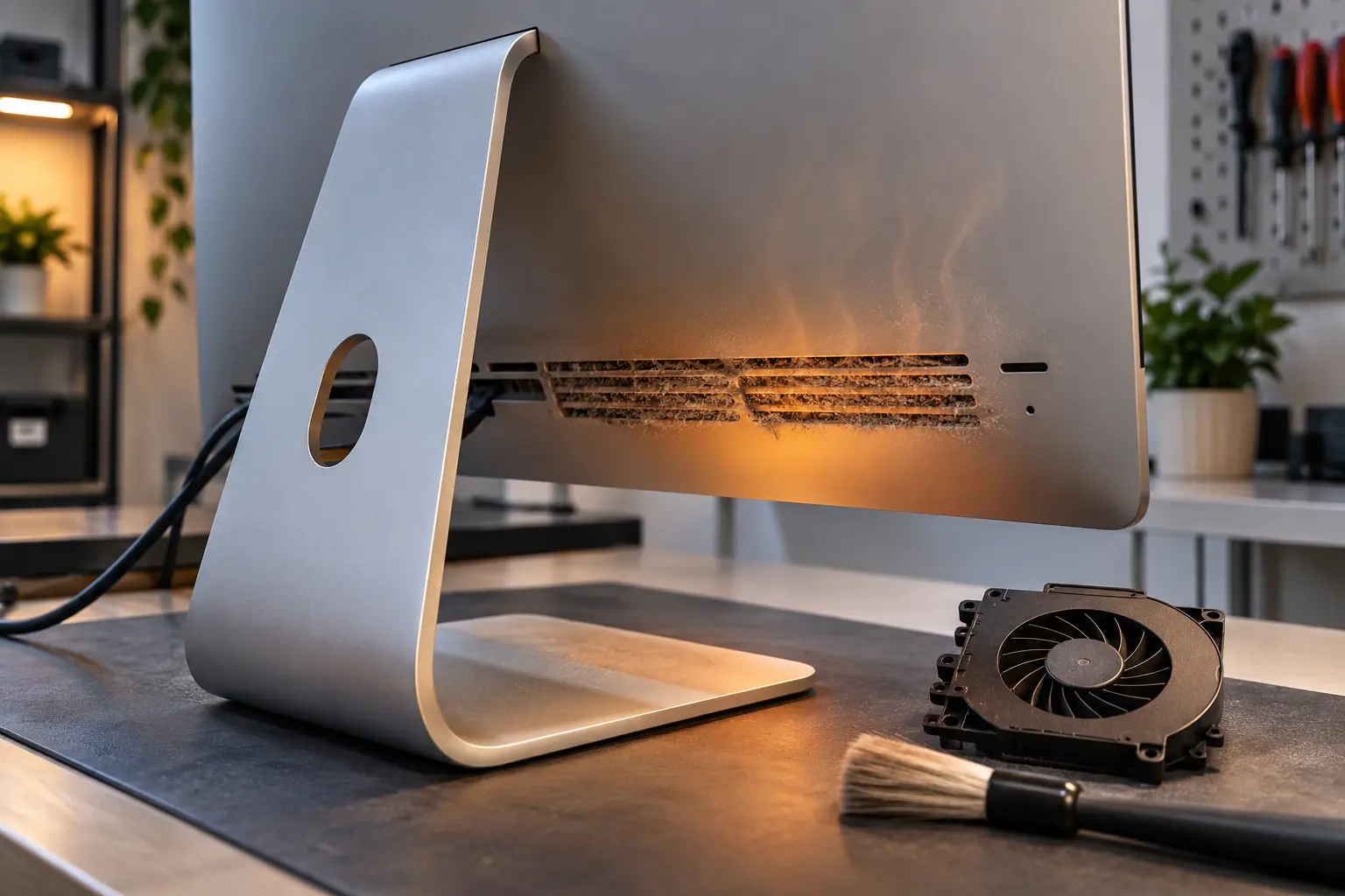 Premium repair workbench scene specifically illustrating iMac Loud Fan Overheating service in Tampa