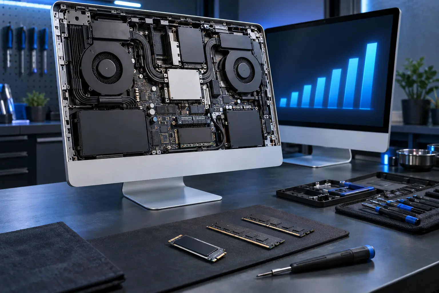 Premium repair workbench scene specifically illustrating iMac Performance Optimization service in Tampa
