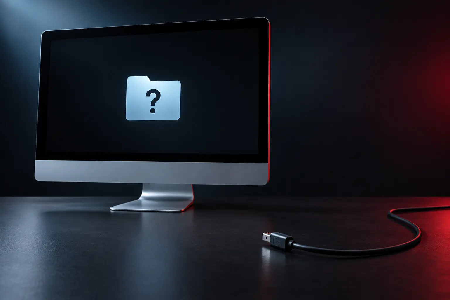 Diagnostic scene illustrating iMac question mark folder guidance