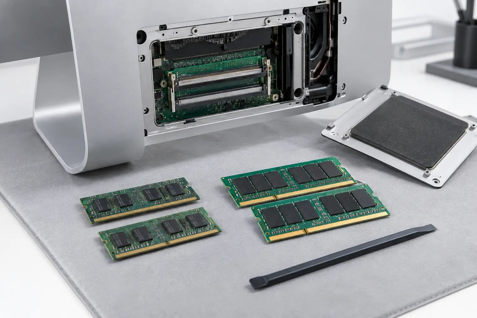 Premium repair workbench scene specifically illustrating iMac RAM Upgrade service in Tampa