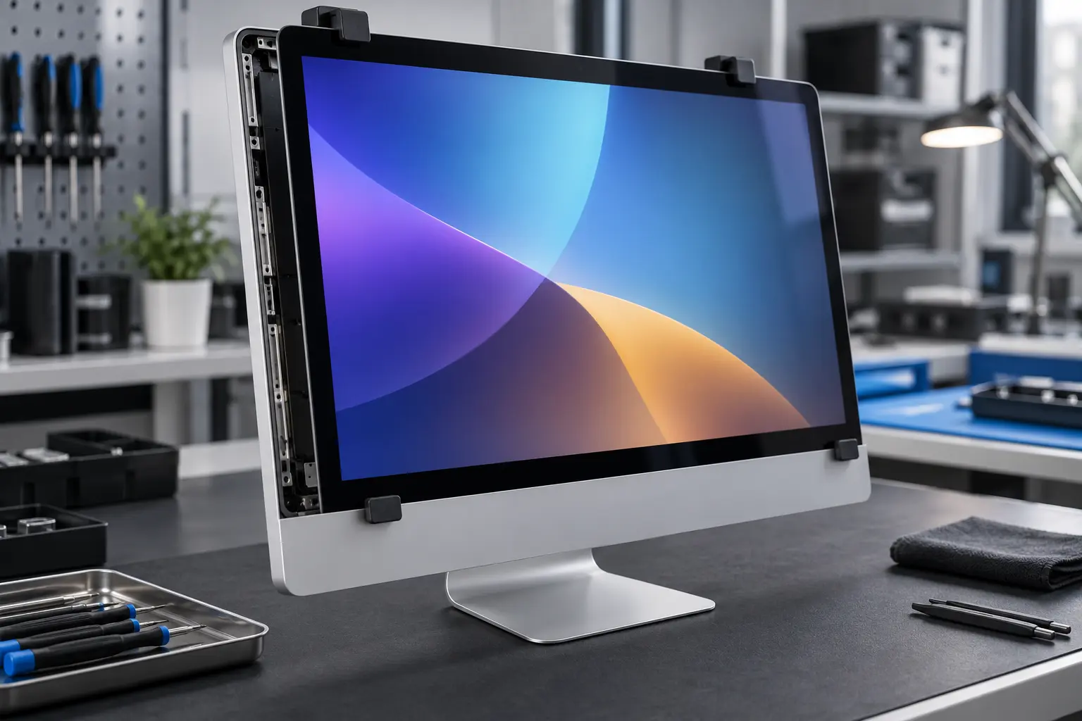 Replacement iMac display aligned for final image testing