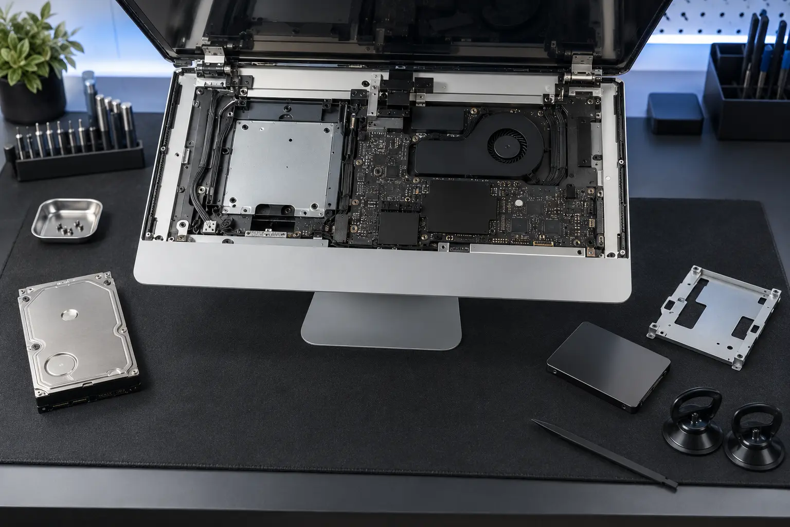 Premium repair workbench scene specifically illustrating iMac SSD Upgrade Guide service in Tampa