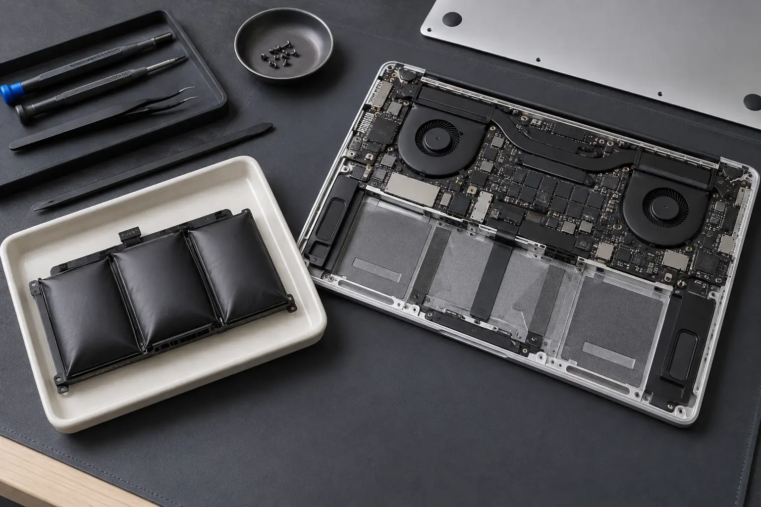 Swollen MacBook battery safely removed from the open enclosure