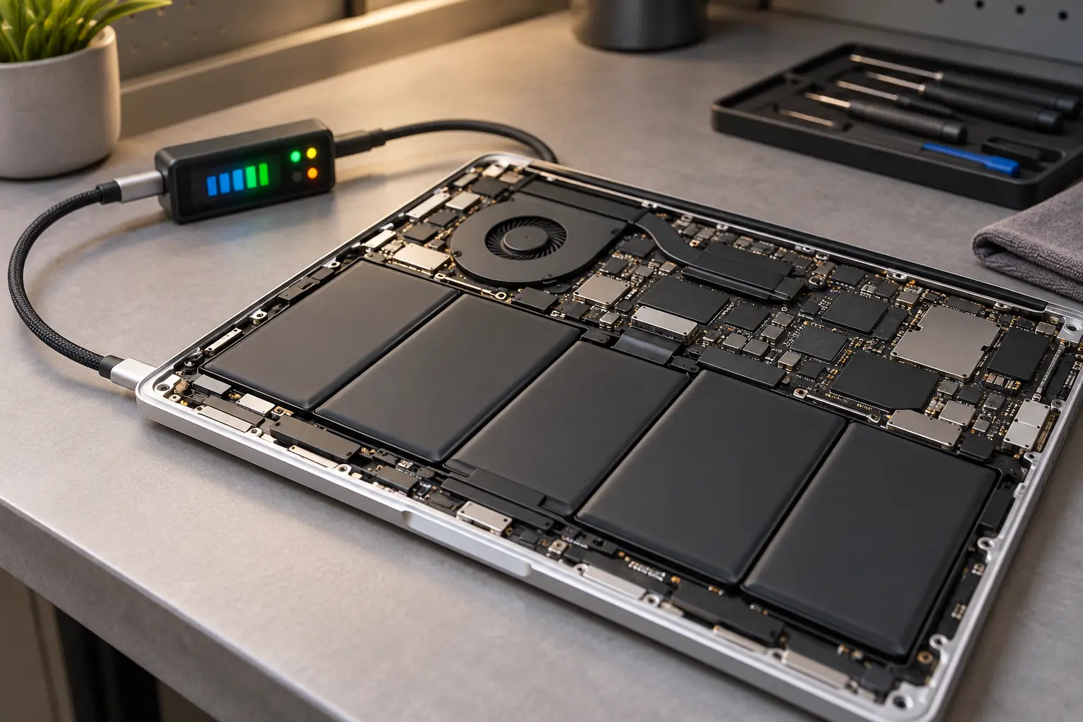 Installed MacBook battery undergoing charging and current verification