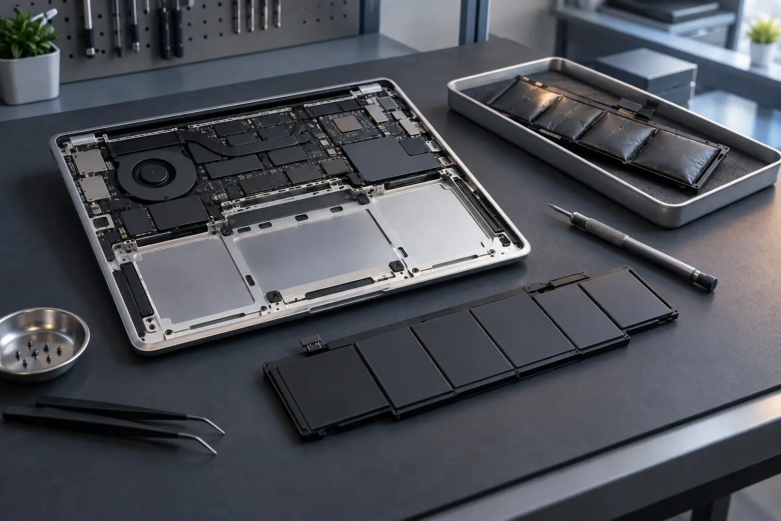 Premium repair workbench scene specifically illustrating MacBook Battery Replacement service in Tampa
