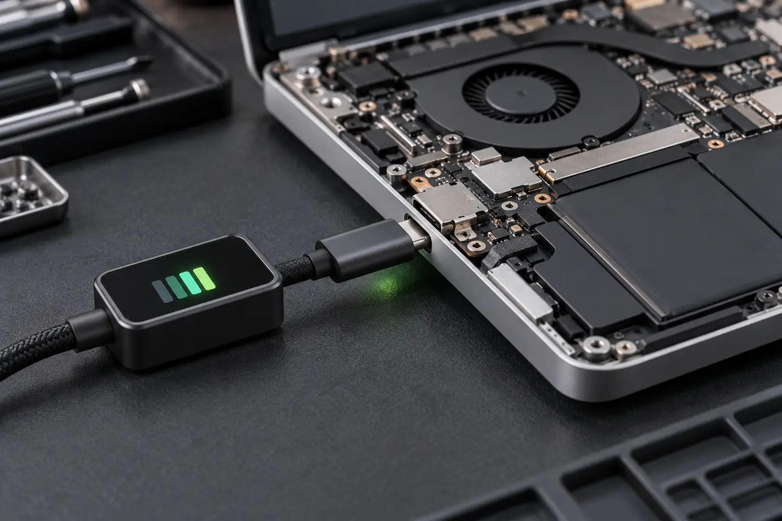 Replacement MacBook charging port undergoing charging validation