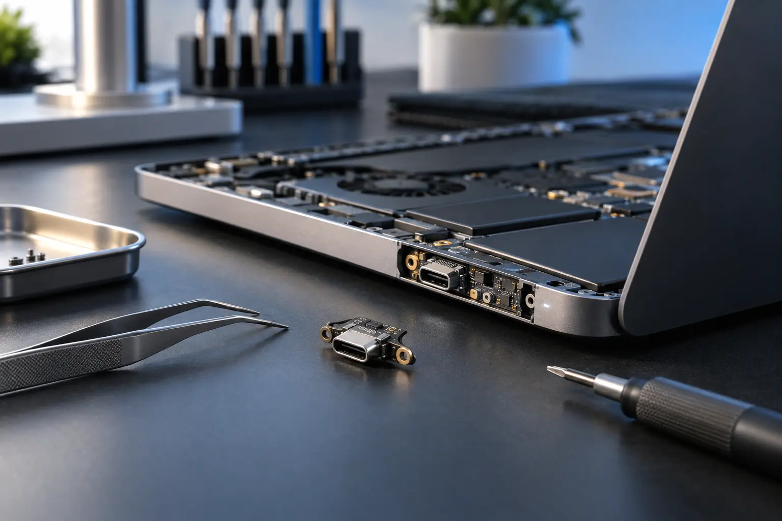 Premium repair workbench scene specifically illustrating MacBook Charging Port Repair service in Tampa
