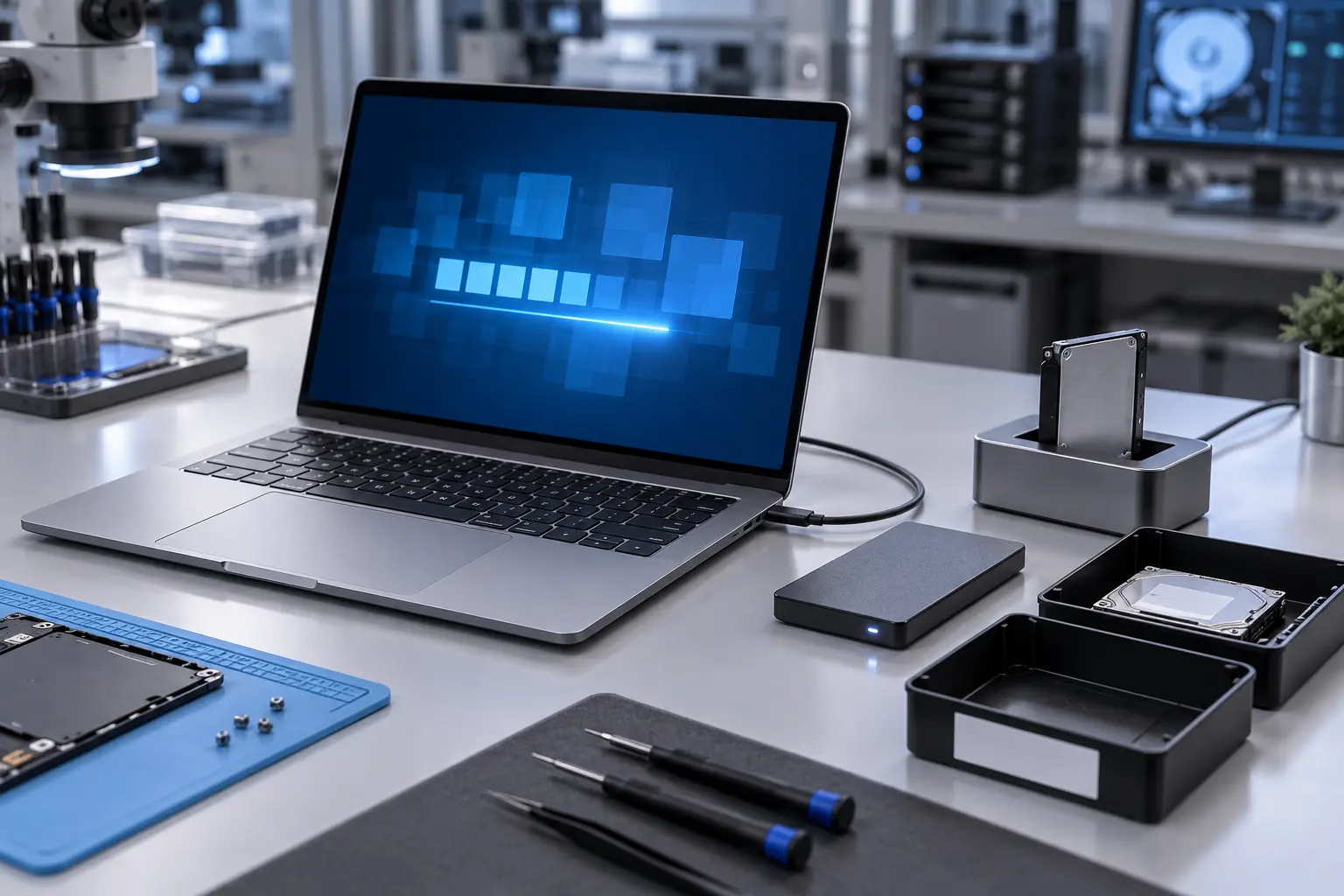 Premium repair workbench scene specifically illustrating MacBook Data Recovery Options service in Tampa