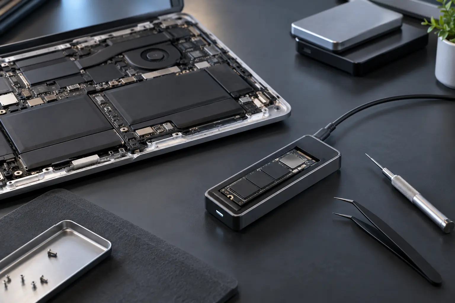 Premium repair workbench scene specifically illustrating MacBook Data Recovery service in Tampa