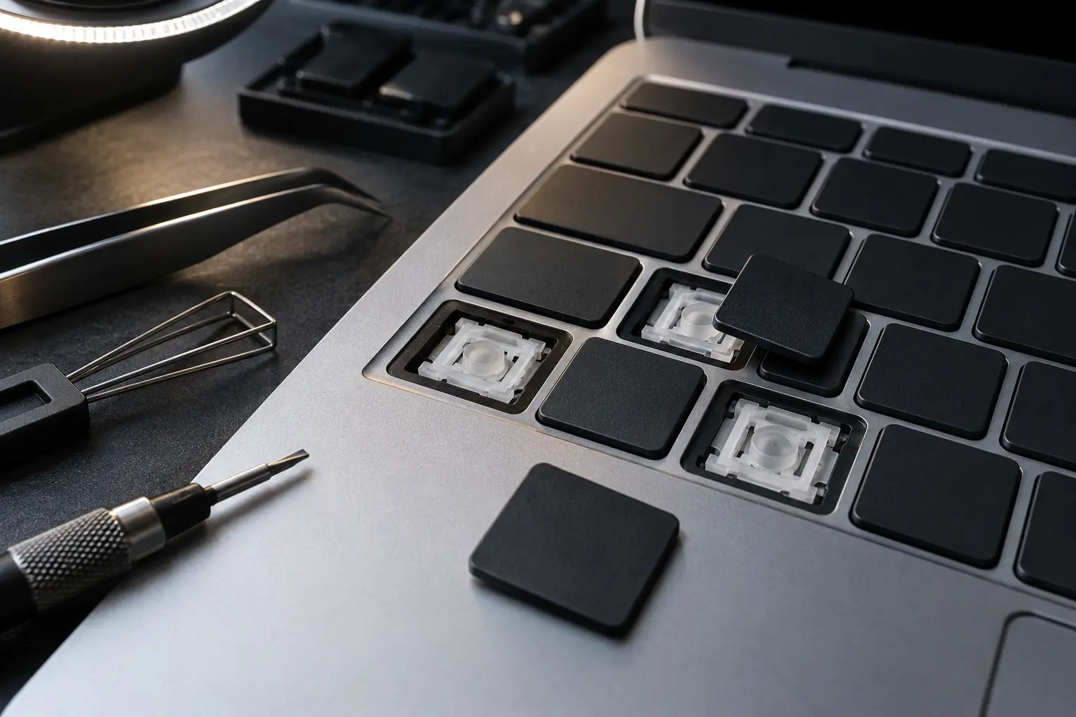 MacBook keyboard keys inspected for intermittent or failed input