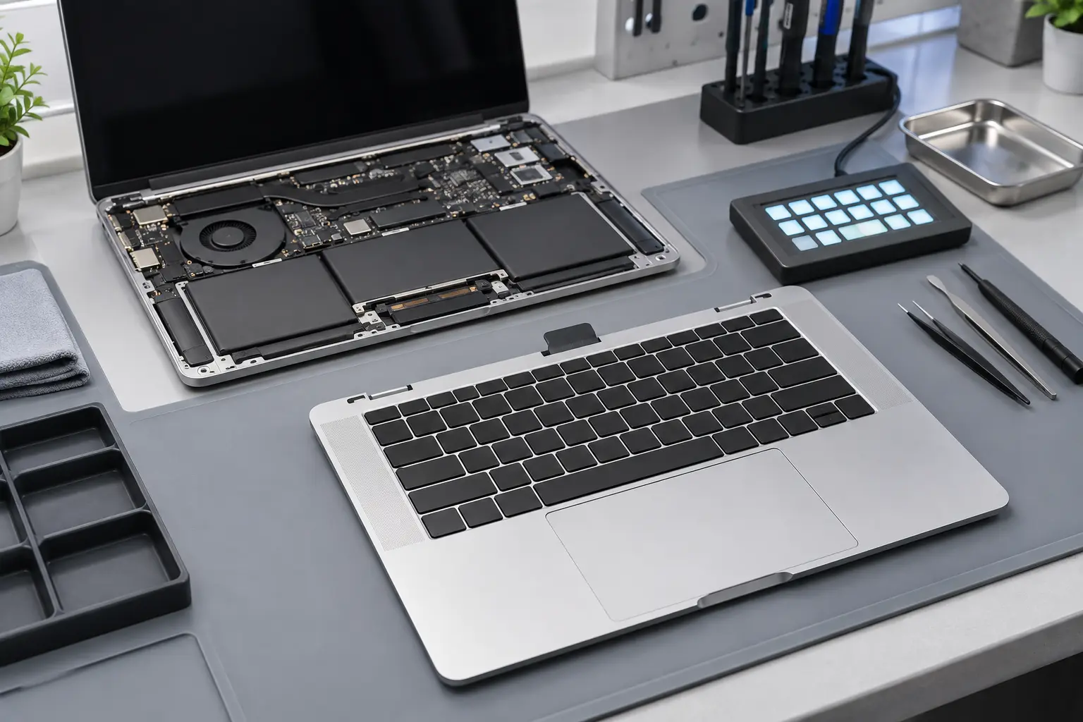 MacBook keyboard assembly prepared for replacement and key testing