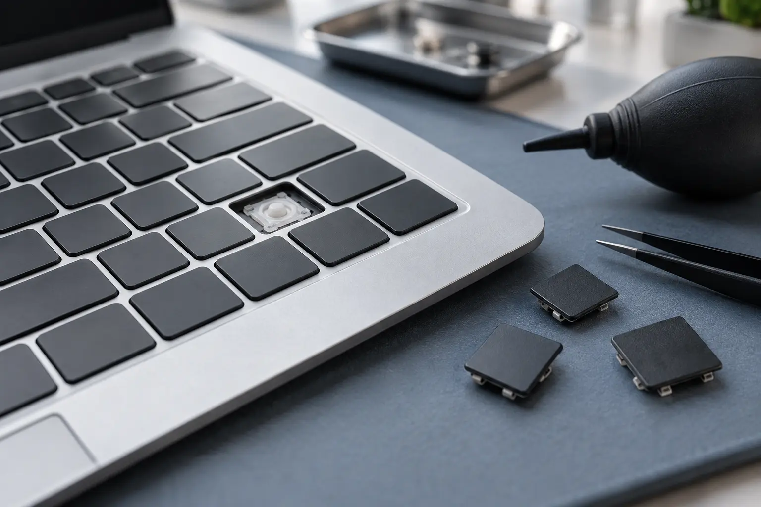 Premium repair workbench scene specifically illustrating MacBook Keyboard Repair service in Tampa