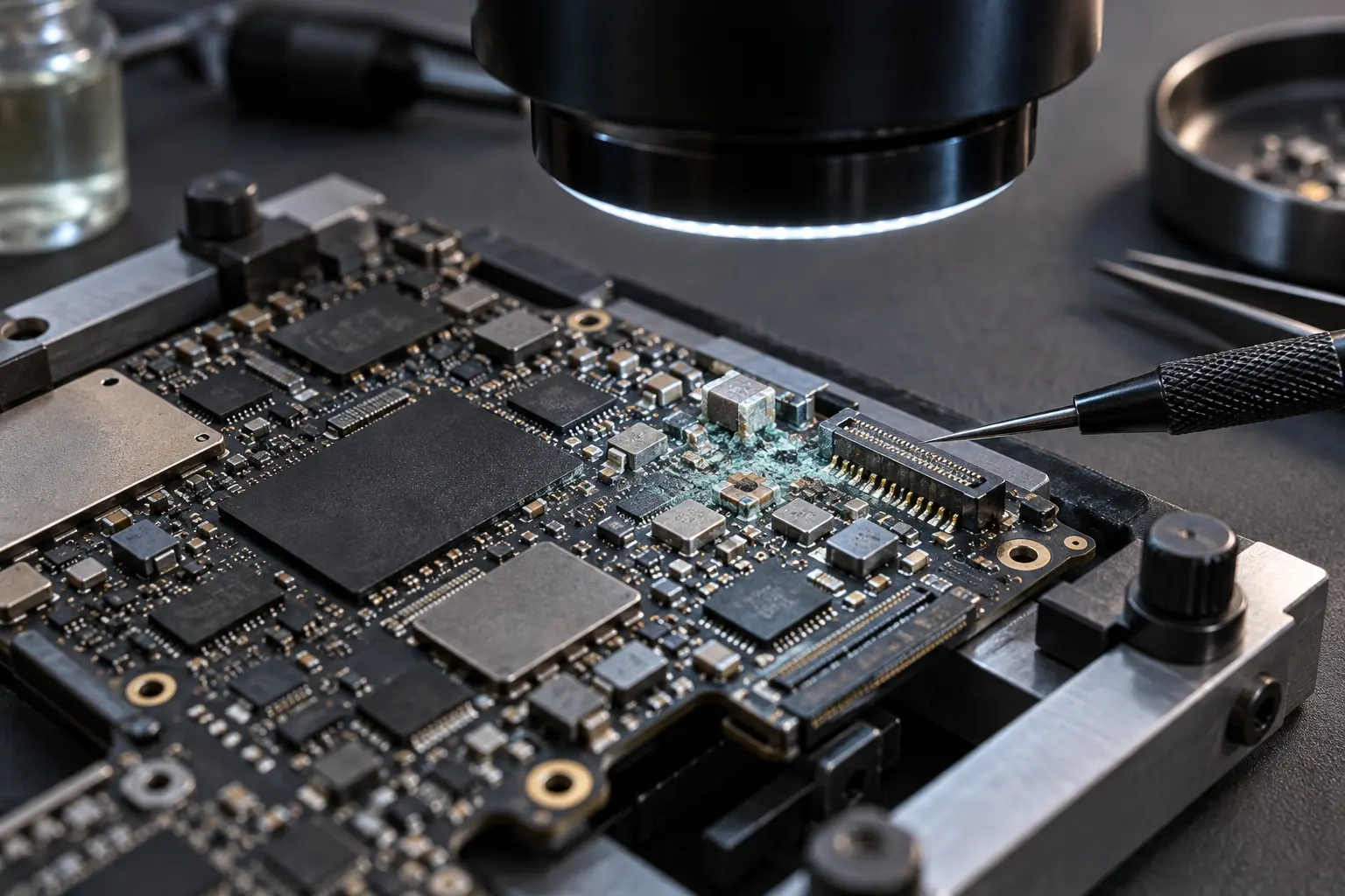MacBook logic board examined under magnification for component damage