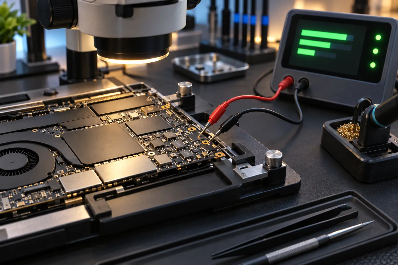 Repaired MacBook logic board undergoing multimeter verification