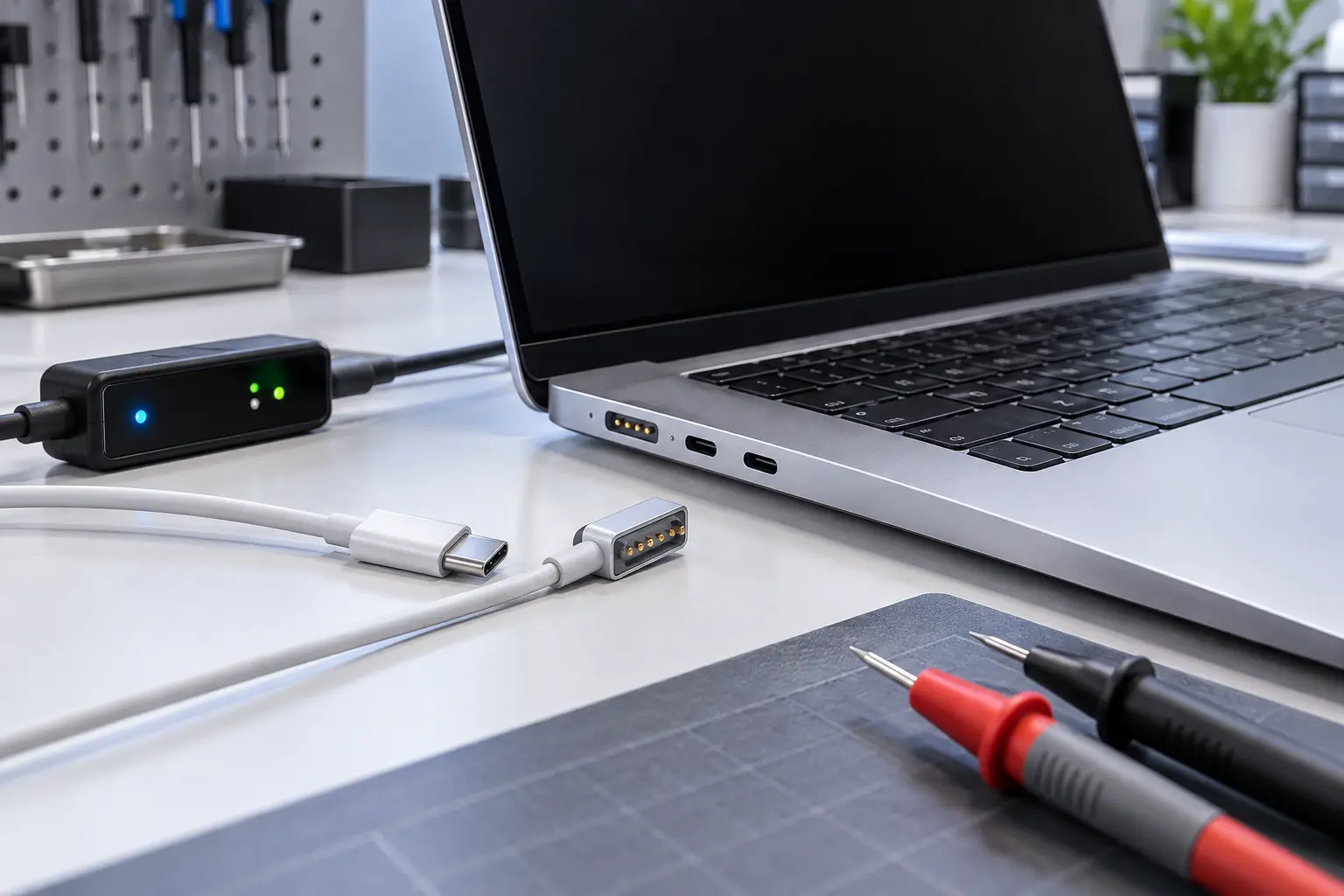 Premium repair workbench scene specifically illustrating MacBook Not Charging USB-C Magsafe service in Tampa
