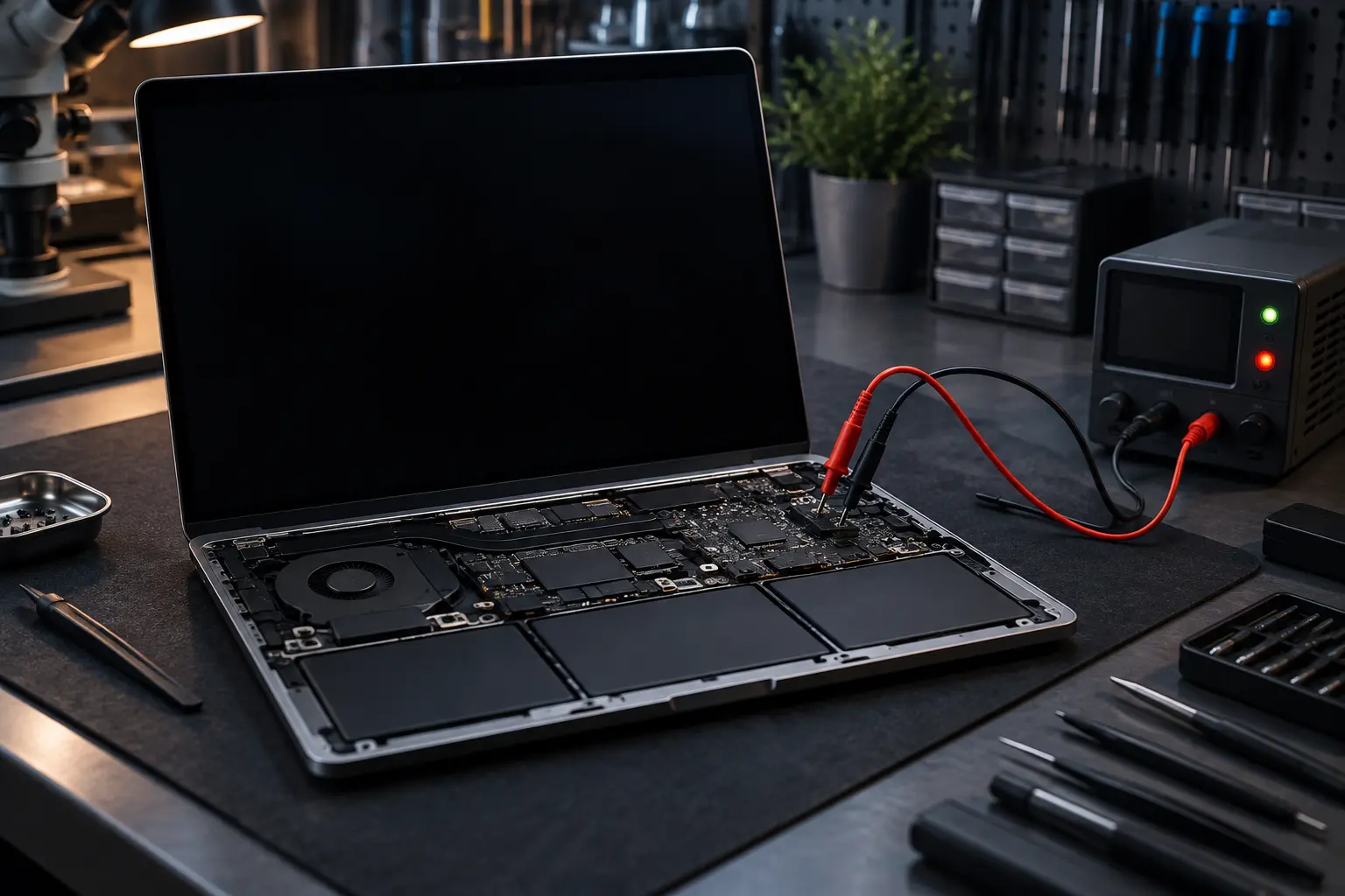 Premium repair workbench scene specifically illustrating MacBook Not Turning On Repair service in Tampa