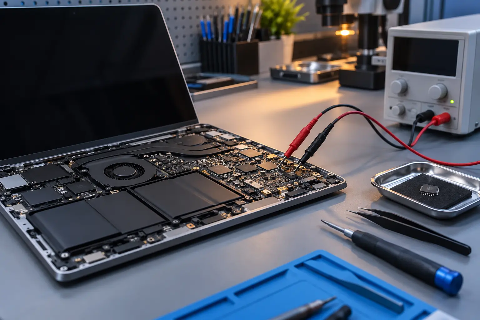 Premium repair workbench scene specifically illustrating MacBook Power Issue Repair service in Tampa