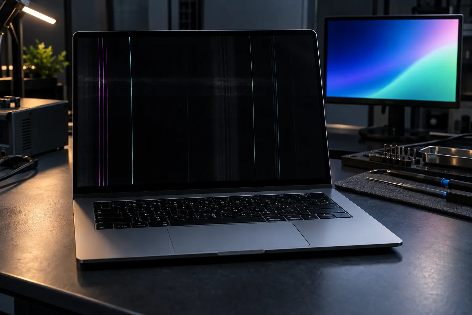 Premium repair workbench scene specifically illustrating MacBook Screen Lines Flicker Black service in Tampa
