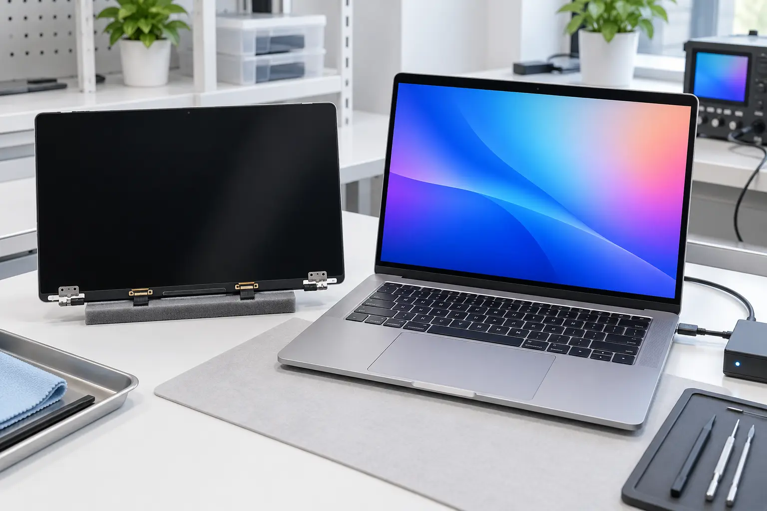 Replacement MacBook display aligned for final image testing