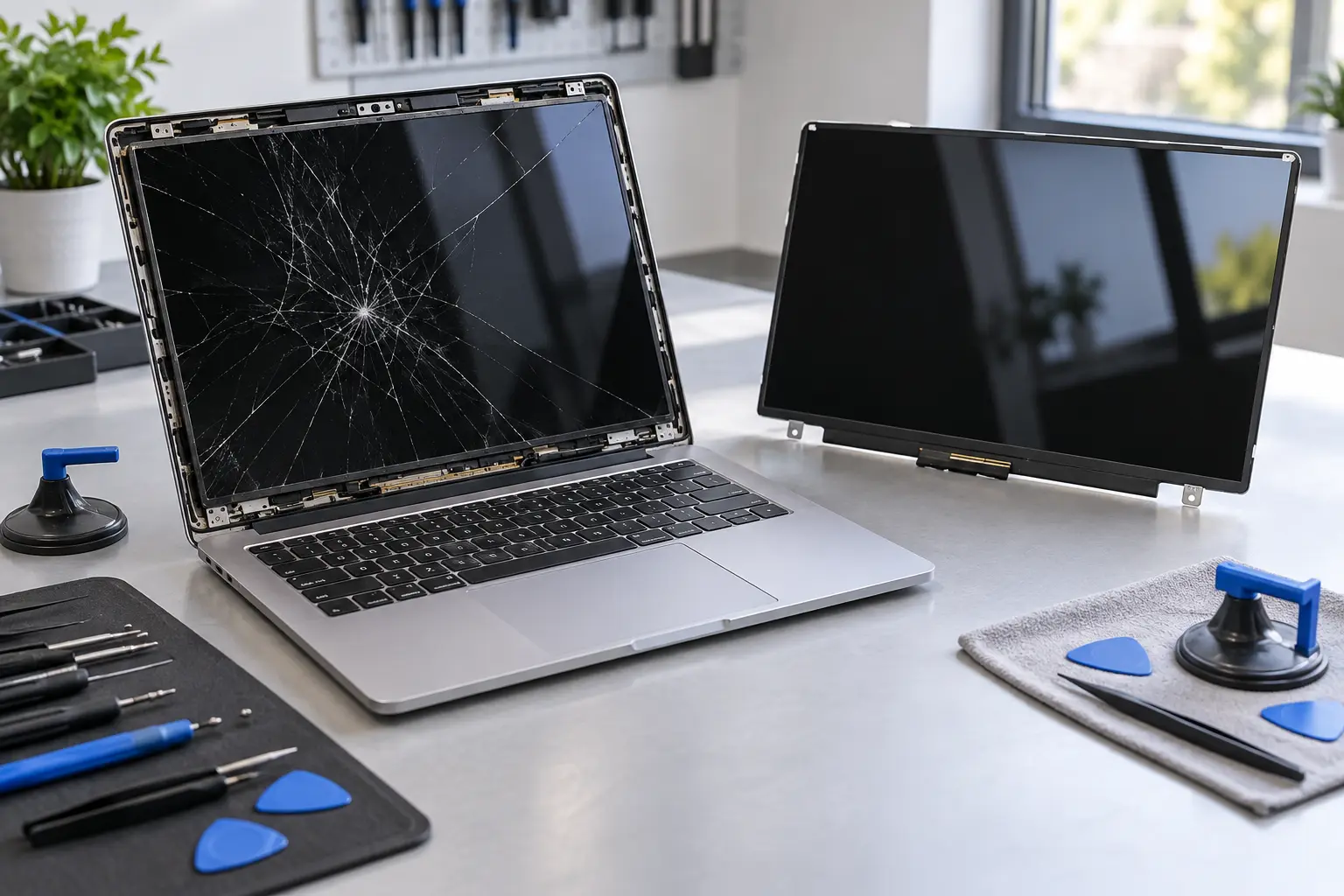 Premium repair workbench scene specifically illustrating MacBook Screen Replacement service in Tampa