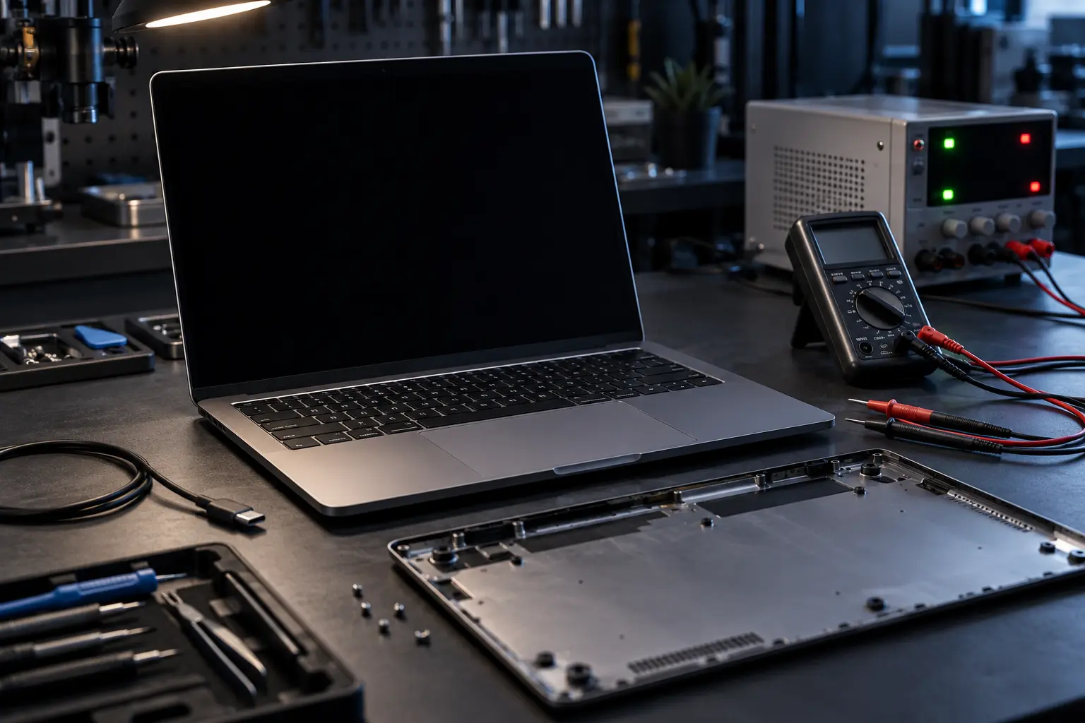 Premium repair workbench scene specifically illustrating MacBook Wont Turn On service in Tampa