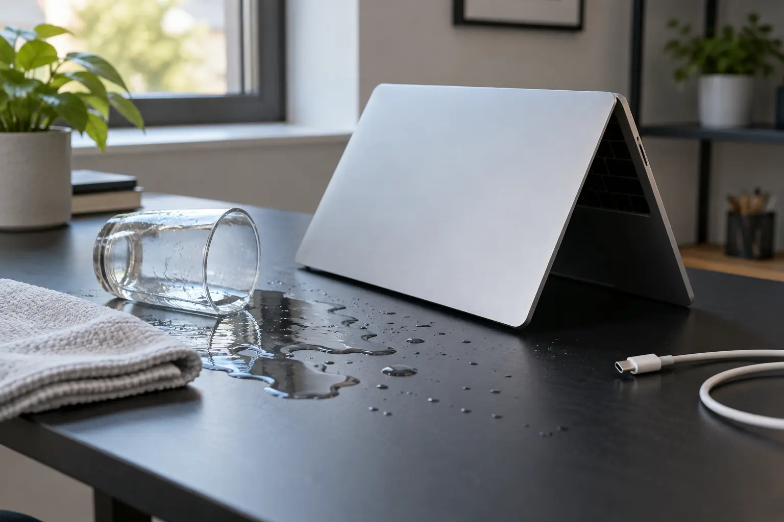 Premium repair workbench scene specifically illustrating What To Do After MacBook Liquid Spill service in Tampa
